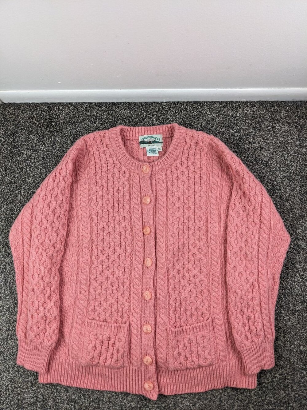 Aran Crafts Sweater Merino Wool Cable Knit Cardigan Pink Womens XL